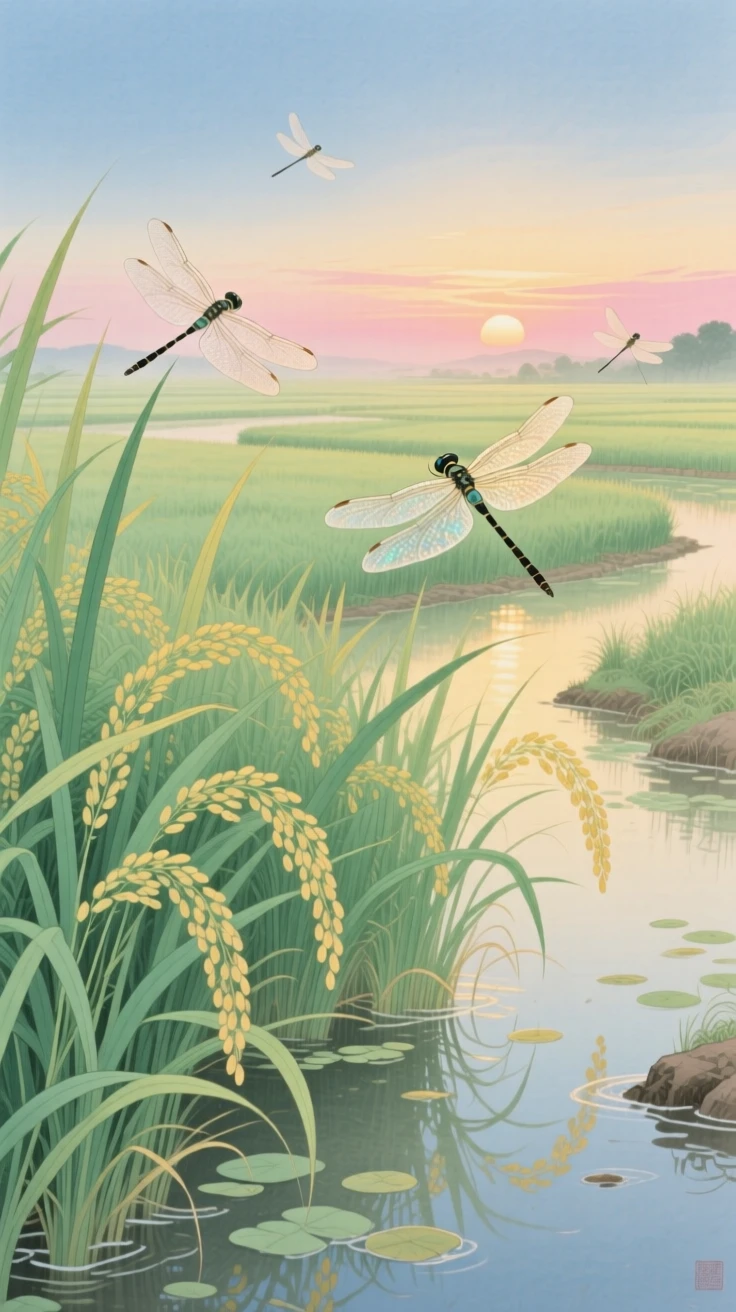 Dragonflies hovering above a rice paddy in the heat of midsummer, with the first light of dawn touching the horizon