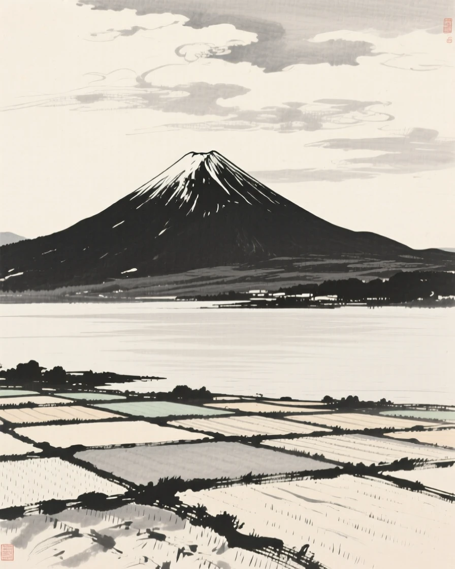 A distant volcano rising above a patchwork of fields beneath a canopy of drifting cloud banks, seen from across the water, the far shore reduced to soft silhouette, suggesting the quiet vastness of the natural world.
