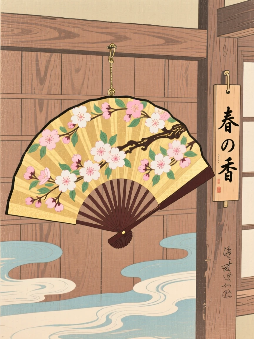 An ornate painted folding fan displayed along a workshop wall.