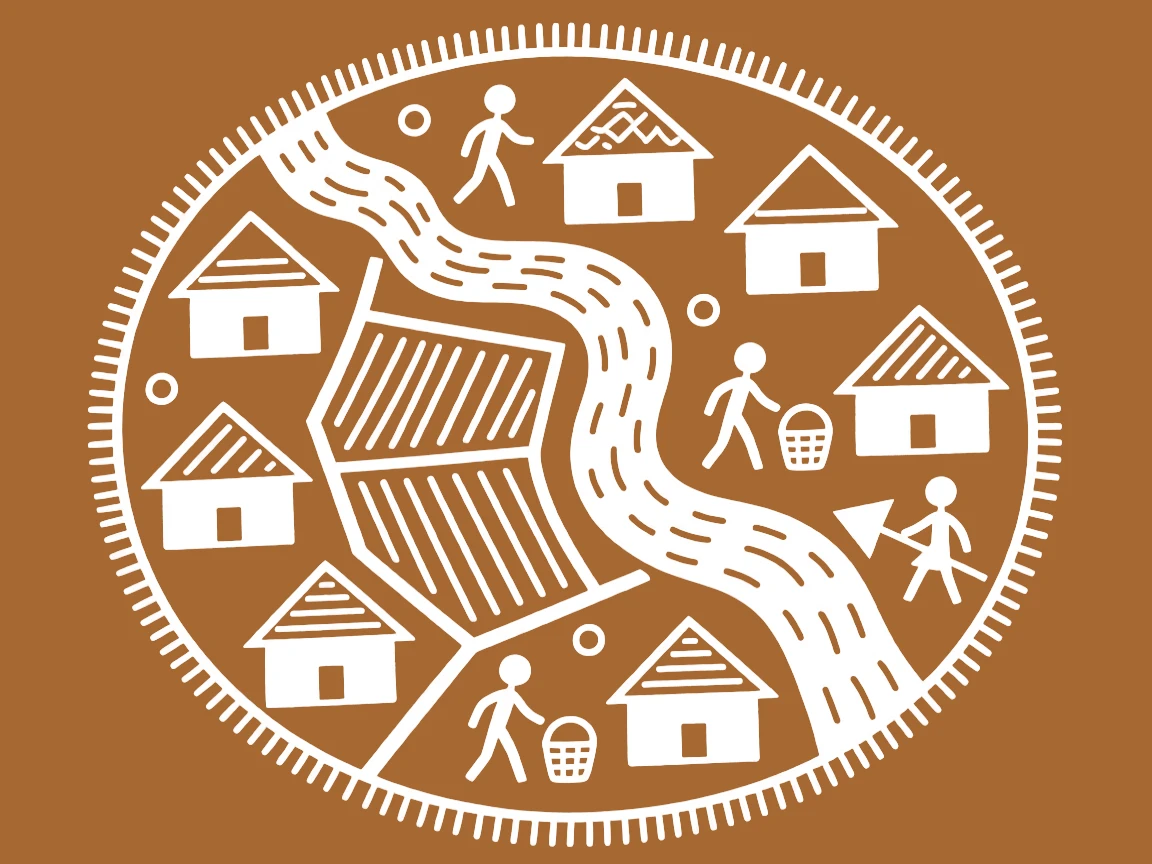 A village map showing homes, fields, and a winding river arranged in a circular layout.