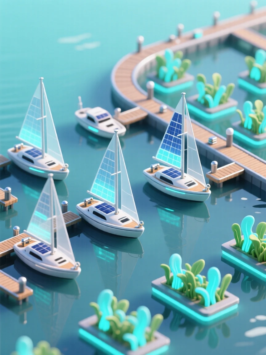 A futuristic harbor with solar sailboats docked beside glowing kelp farms cultivated along the shoreline.