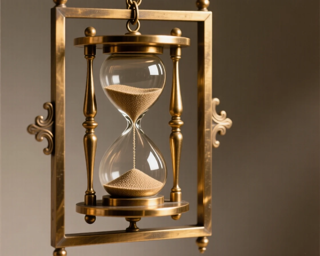An elegant hourglass suspended in a brass frame, catching the light with rich, warm reflections, radiating elegance and refinement