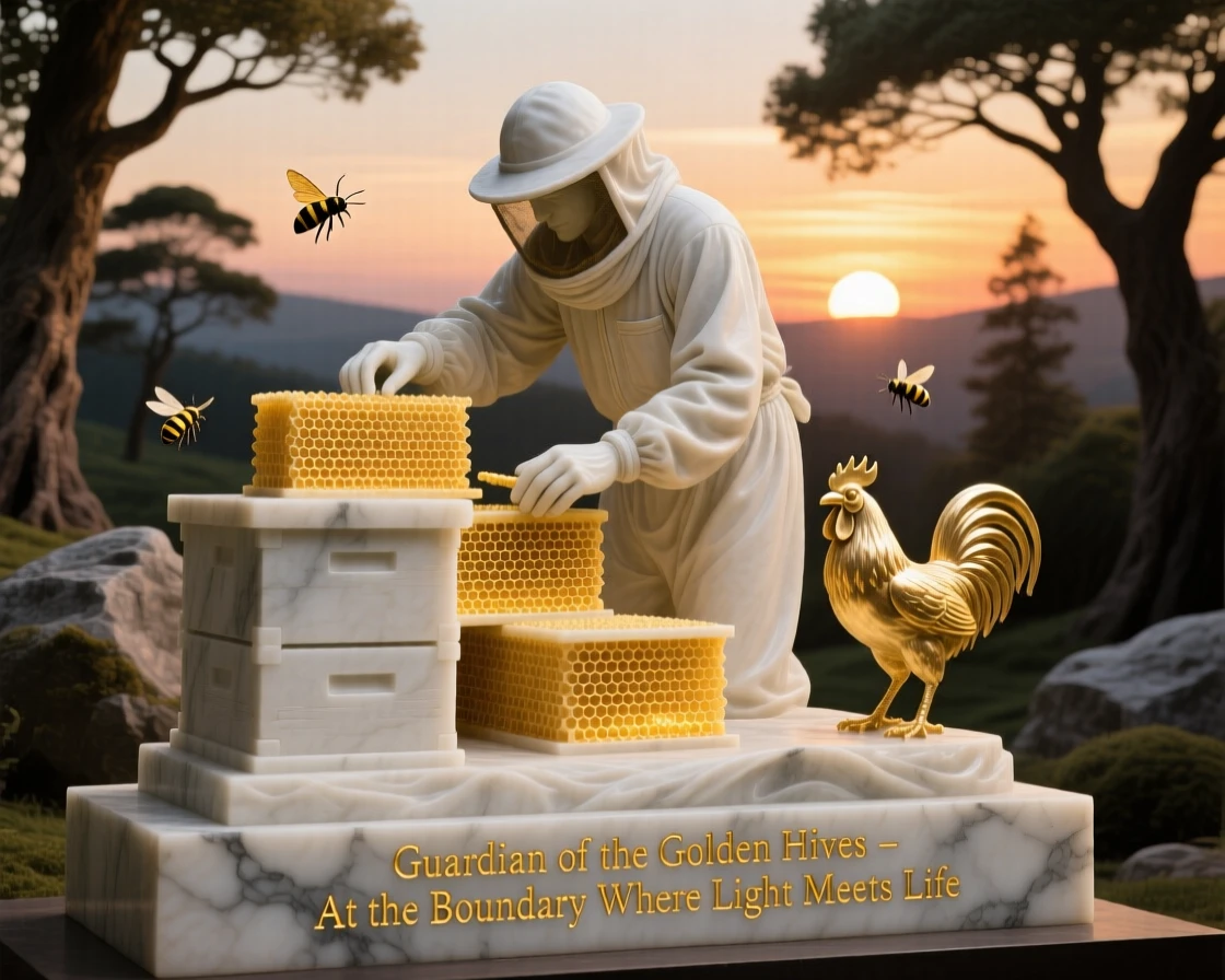 An evocative depiction of a beekeeper tending golden hives at sunset, framed by dramatic natural scenery, balancing detail with emotional depth