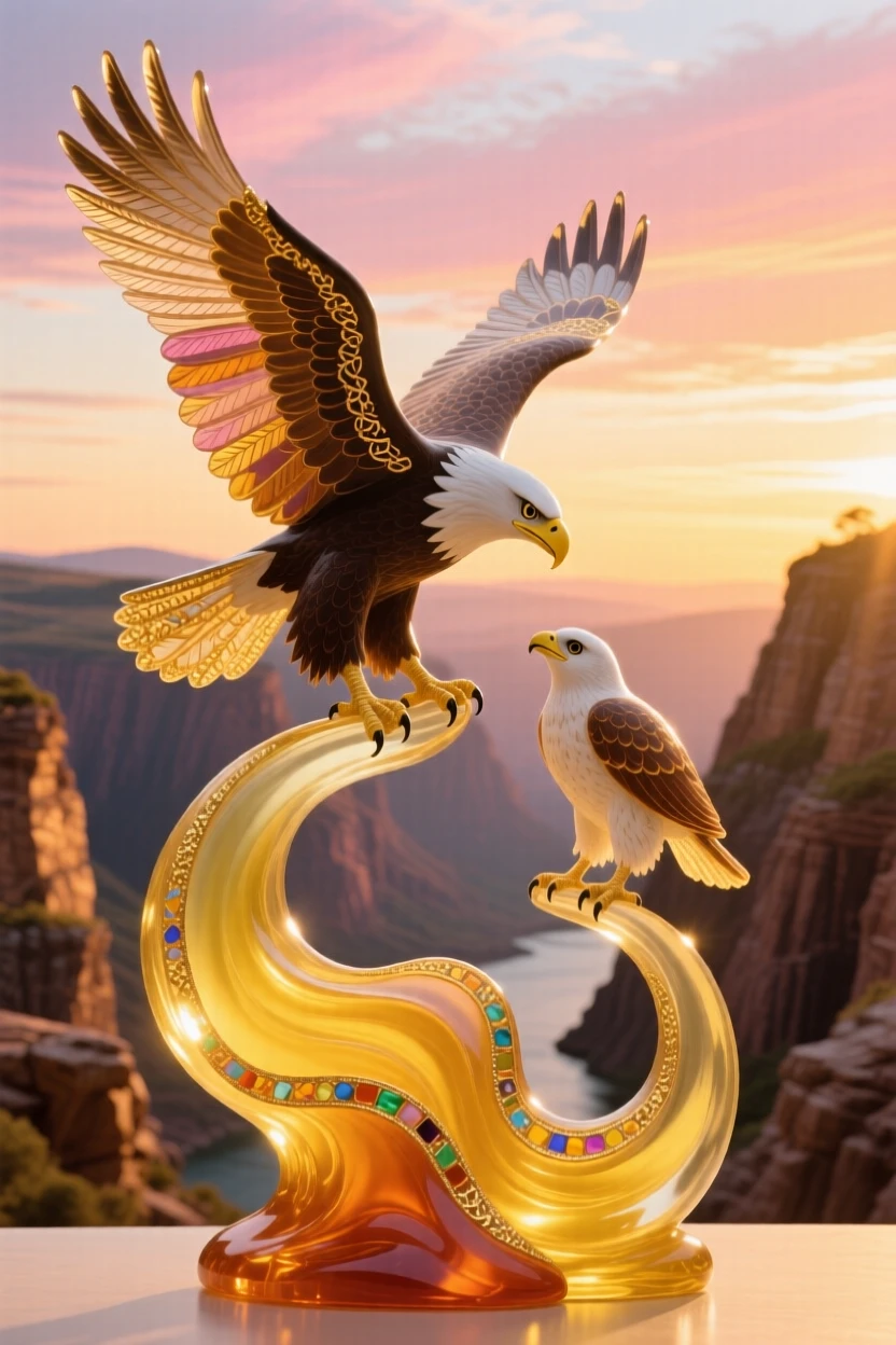 A mother eagle teaching her eaglet to soar above a golden canyon at first light, tender and inspiring.