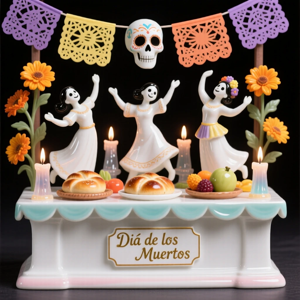 A vibrant Mexican Día de los Muertos altar celebration, filled with joyful movement and tradition.