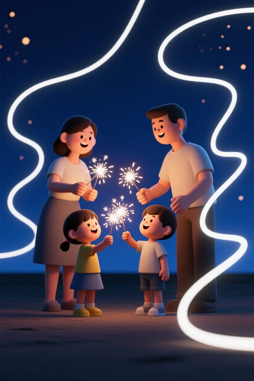 A festive family lights sparklers together on a warm summer evening, trails of light dancing in the dark.