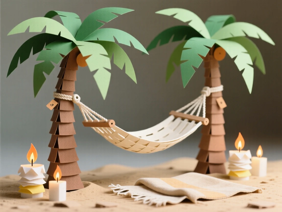 A hammock strung between two palm trees lit softly by flickering candlelight, with a soft blanket draped nearby, evoking cozy domestic warmth.