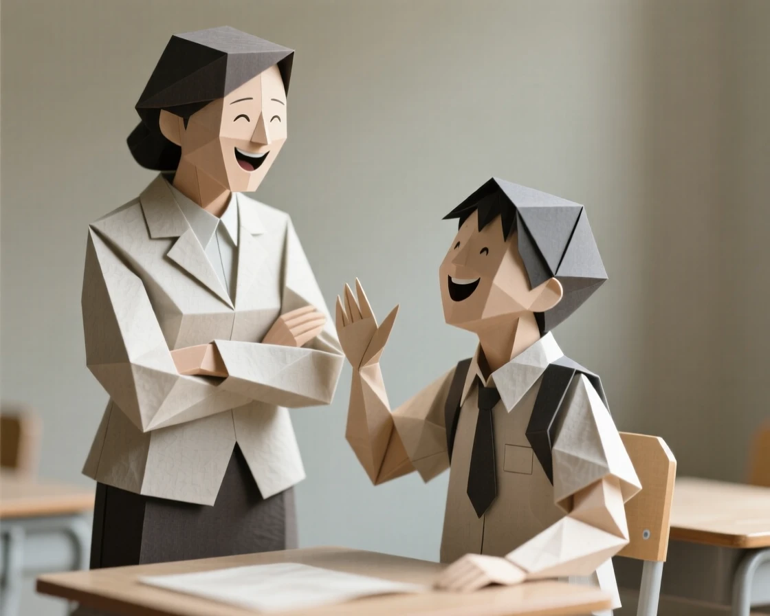 A teacher and student sharing a laugh over an inside joke from years of class.