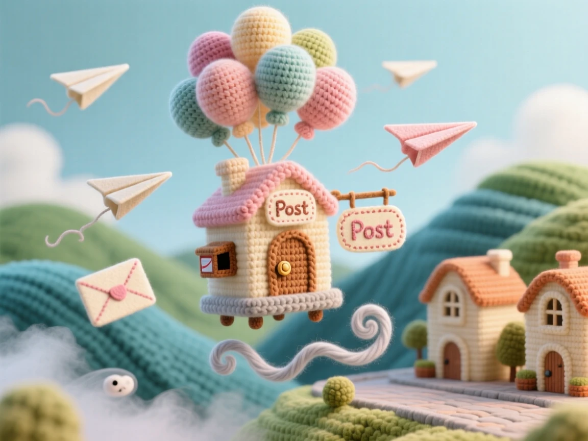 An imaginative scene of a small floating post office held by balloons delivering tiny letters by paper airplane, drifting above a quiet town square floating gently above a quiet valley; a small ribbon of drifting mist nearby, full of playful imagination brought to life.