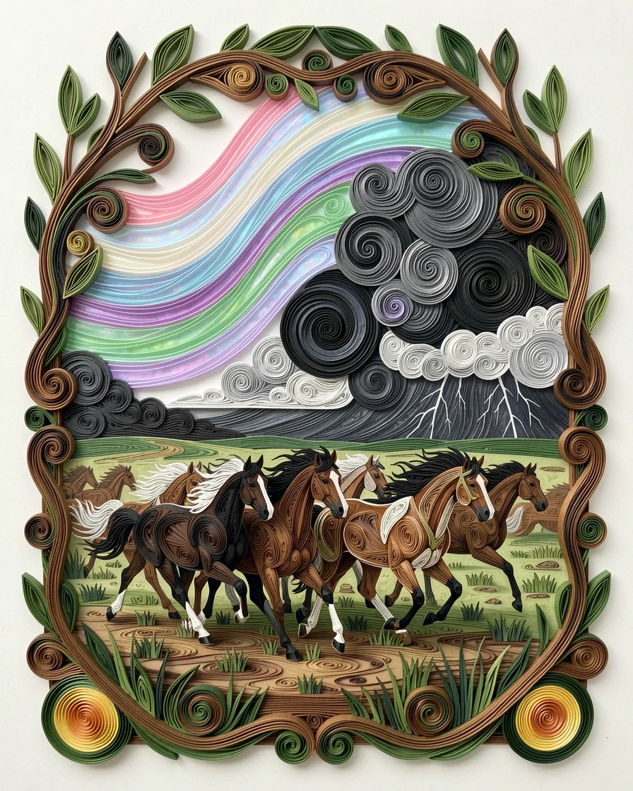 a herd of wild horses galloping across an open plain, beneath a sky shimmering with soft aurora colors, framed through a natural archway of branches, in the dramatic contrast of a stormy sky.