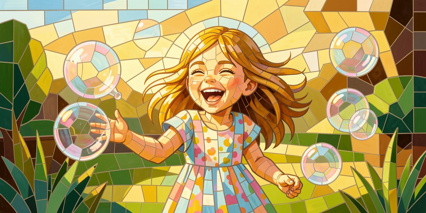 A candid, joyful moment of a joyful young girl laughing while chasing bubbles in a sunlit garden, captured with warm golden light.