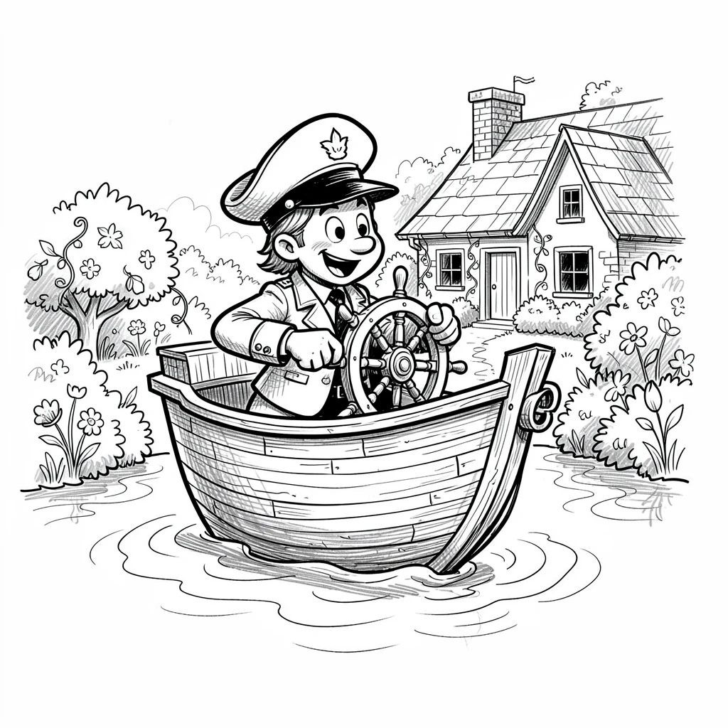 A ship captain steering through calm waters in a garden behind a cottage.