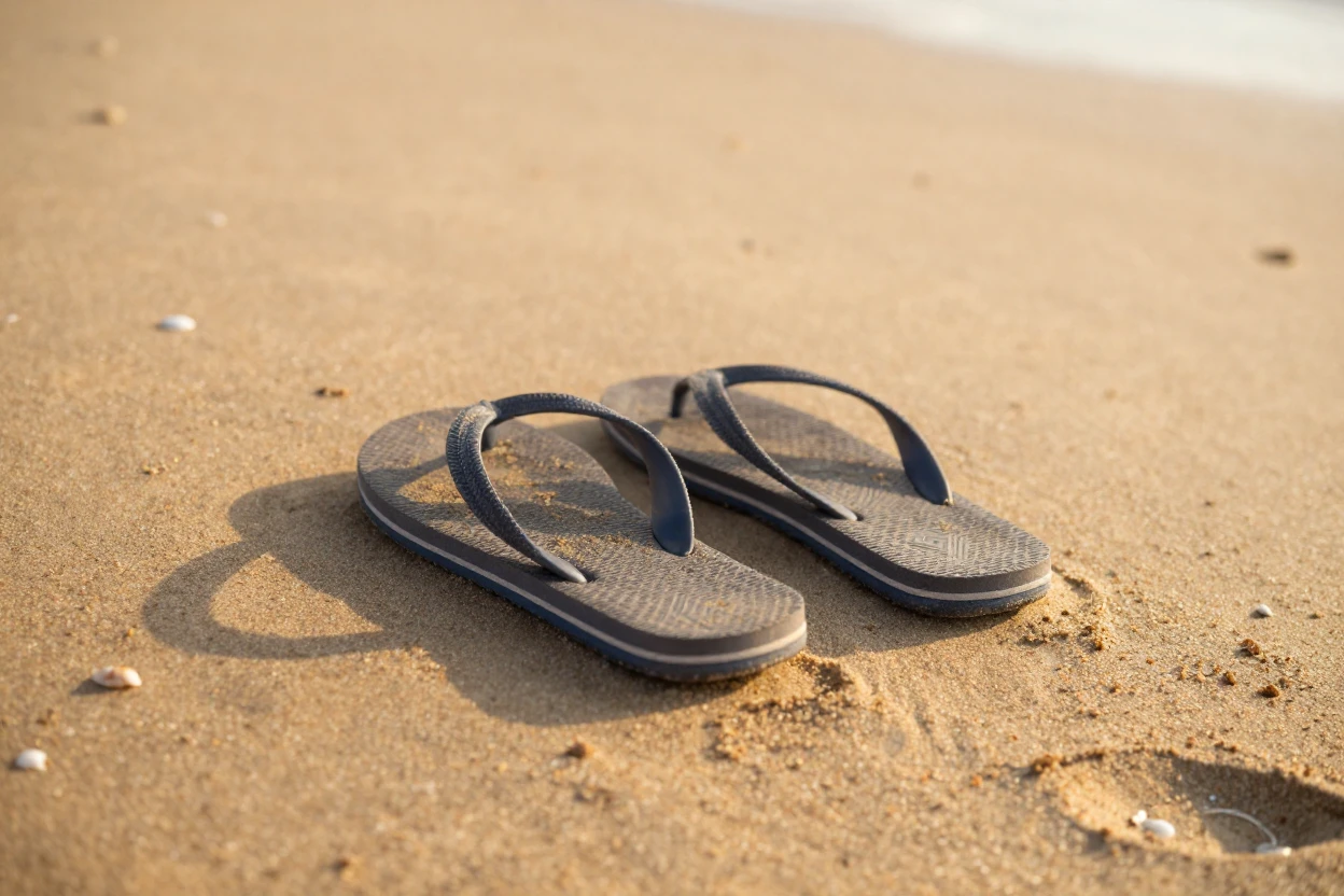 A pair of flip-flops resting in warm beach sand