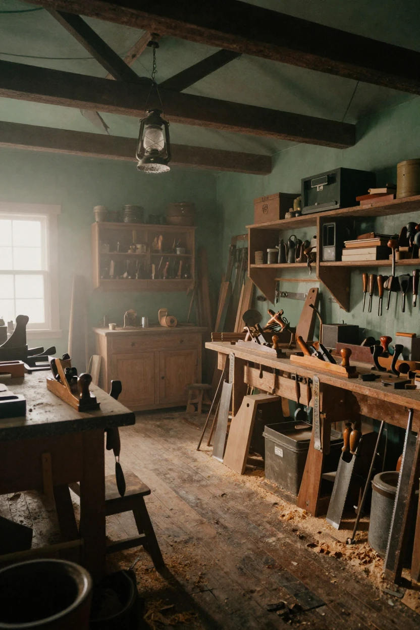 A cluttered woodworking shop filled with tools and sawdust, in the pale light just before sunrise, in thick rolling fog, as summer fades into fall, with deep emerald greens and browns, captured from a low angle looking up.