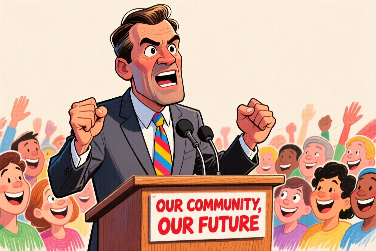 A determined community leader addressing a hopeful crowd from a podium.