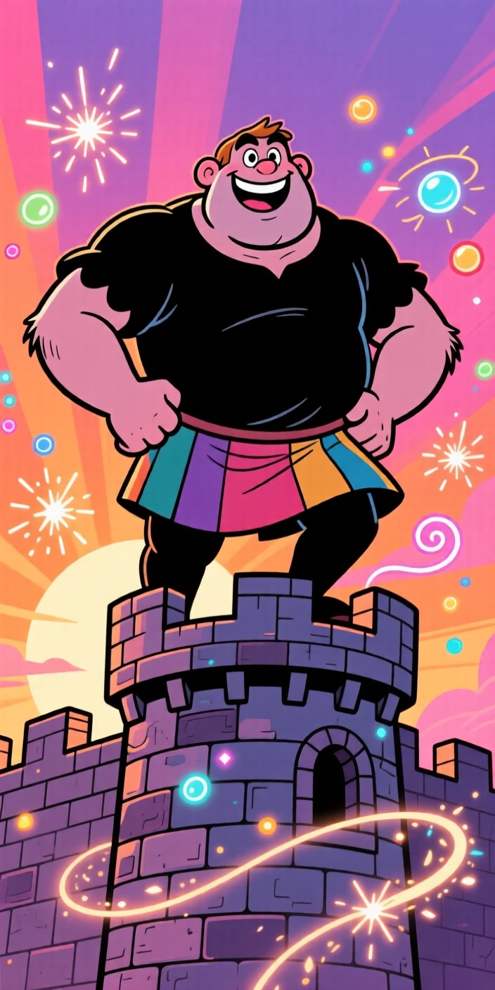 An imaginative fantasy scene of a friendly giant standing triumphantly atop a castle wall at sunrise, as sparks of magic swirl through the air.