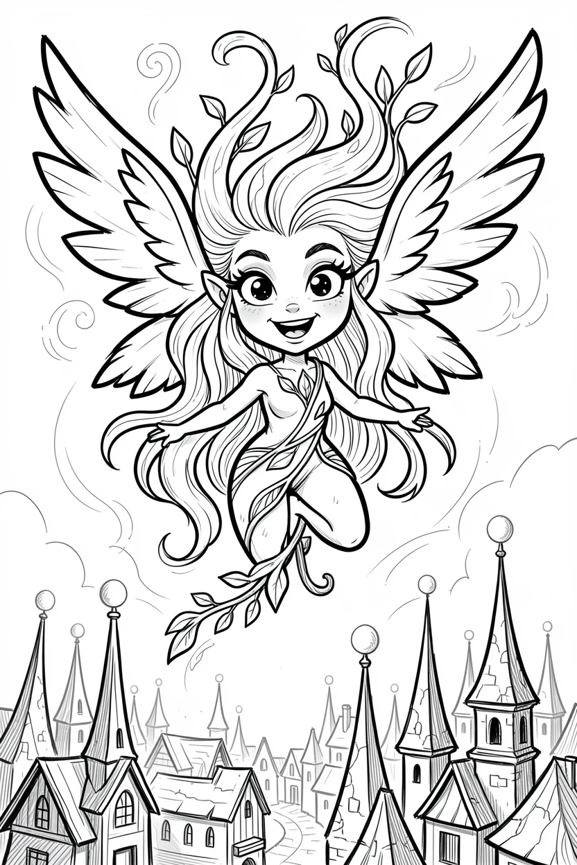 [Fantasy & Imaginative Scenarios] Imaginative fantasy scene of a radiant forest spirit soaring above an ancient enchanted city, brimming with wonder