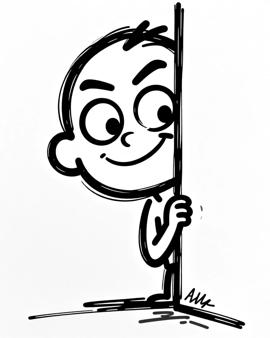 A person peeking cautiously around a corner, exaggerated sneaky expression.