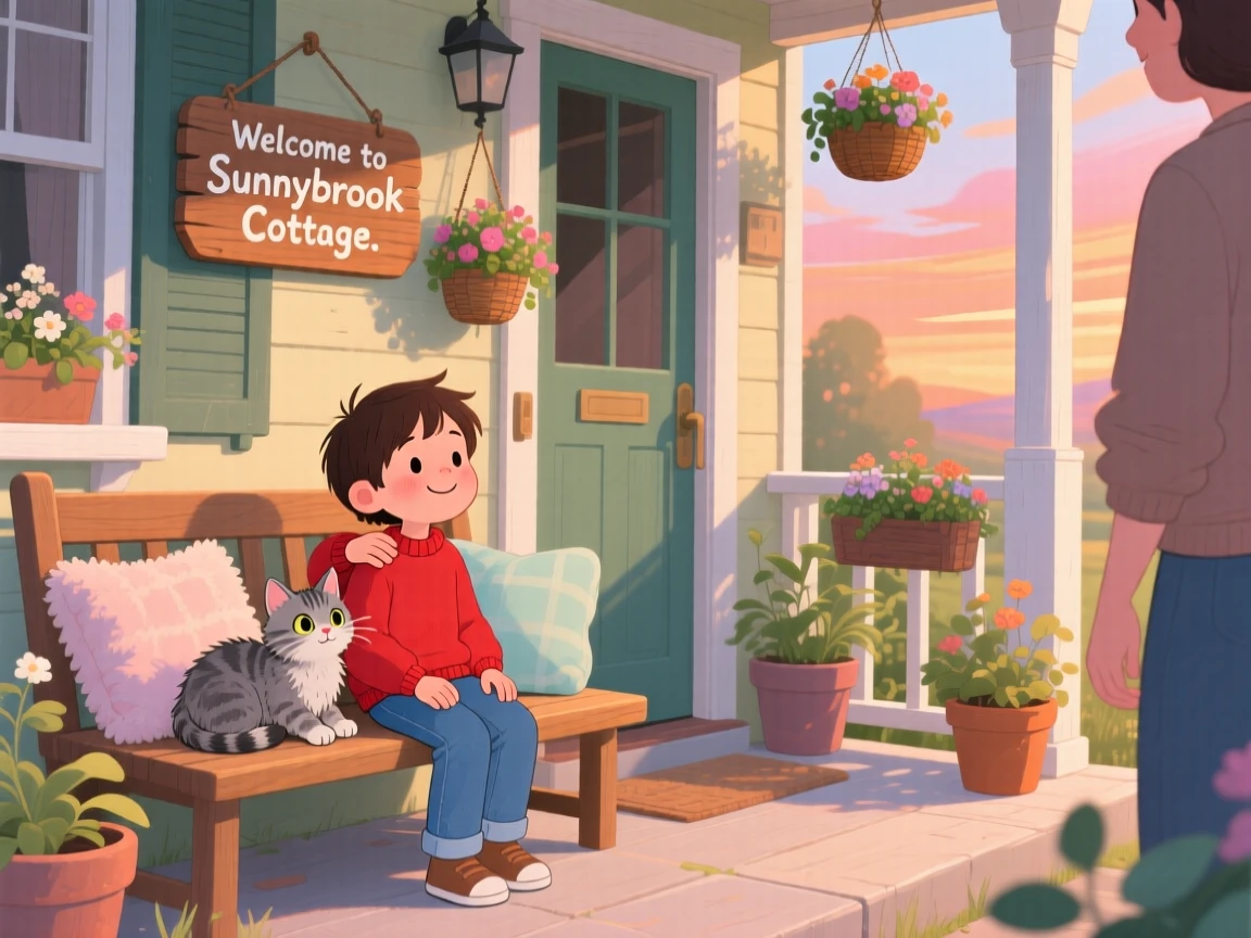 A child and a stray kitten share a tender moment giving up a seat so someone else can rest in a cozy front porch, with a gentle hand resting on a shoulder.
