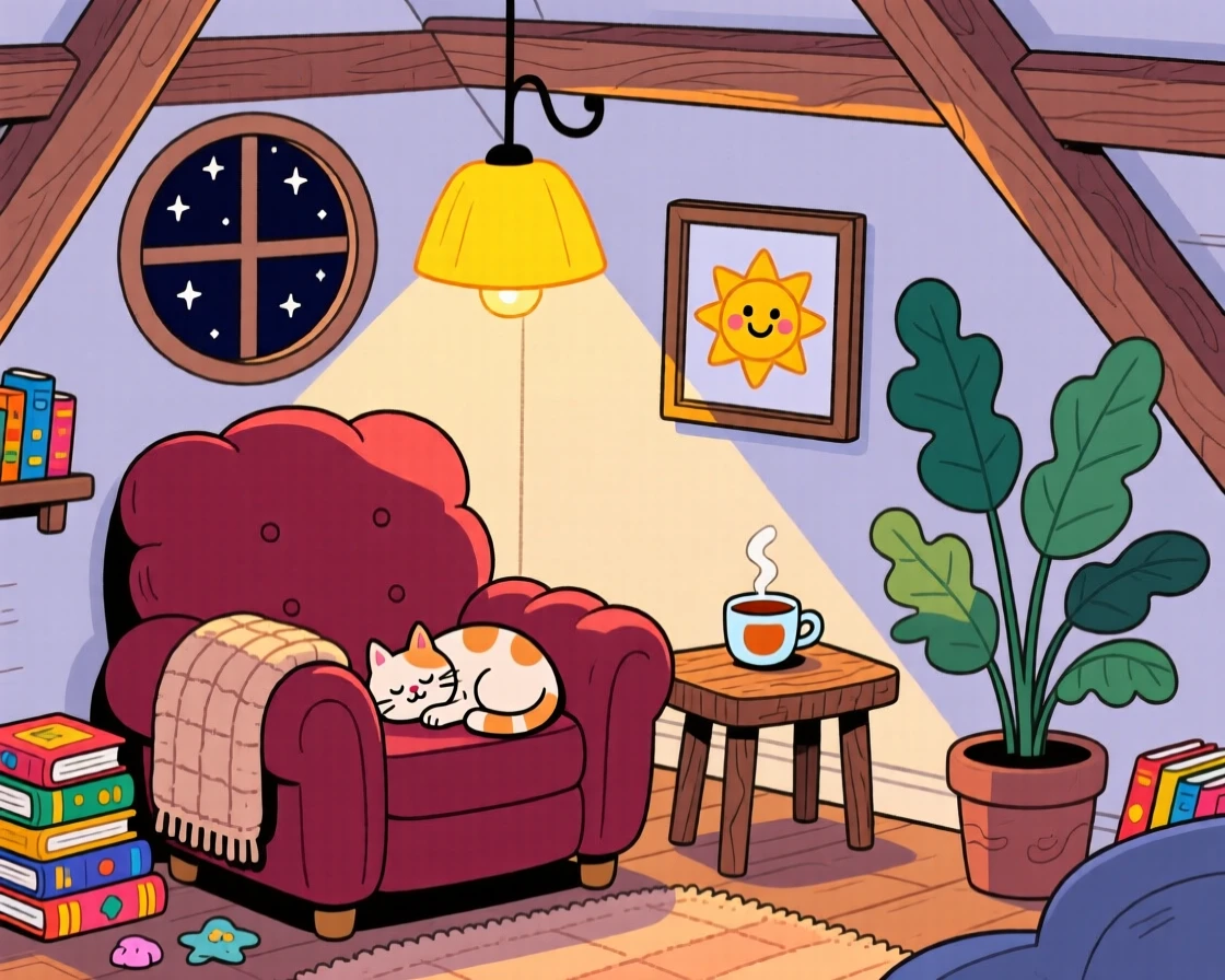 A cozy attic reading nook lit by a single warm lamp.