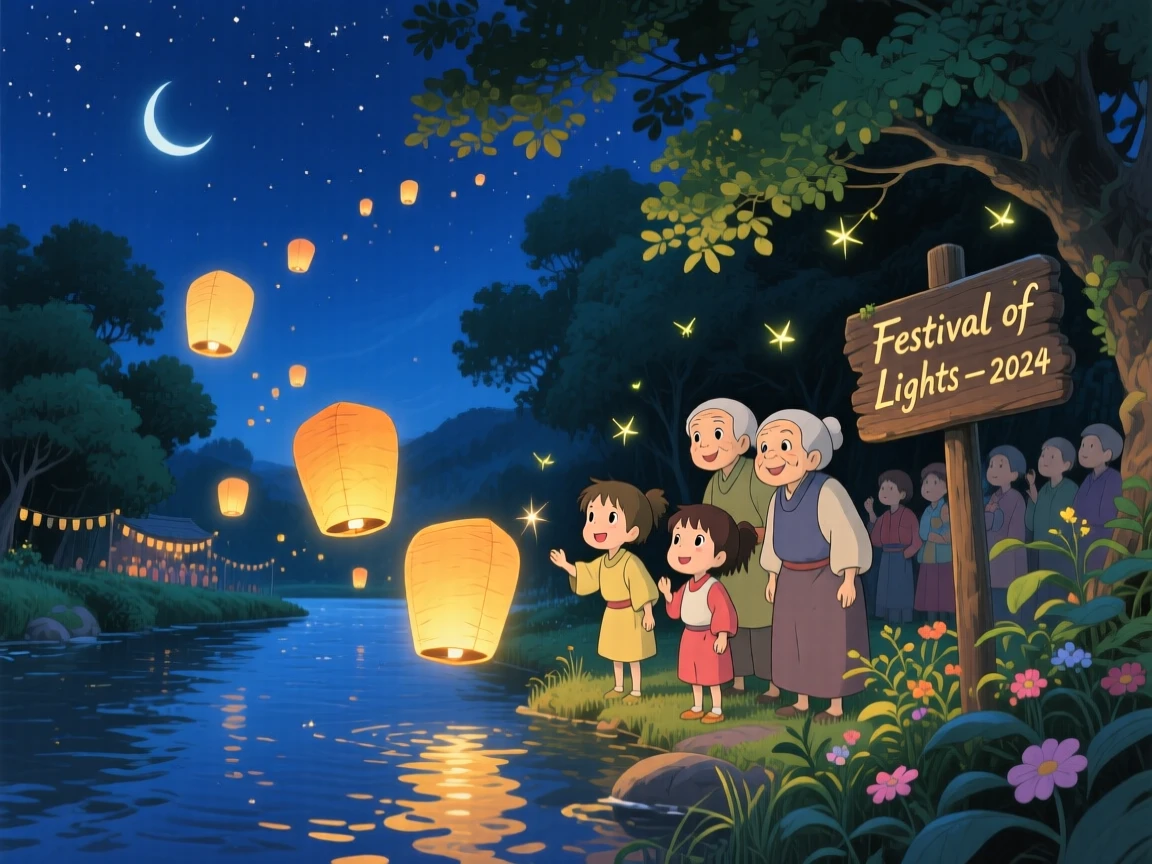A nighttime scene of a festival of floating paper lanterns released over a river, quietly enchanting.