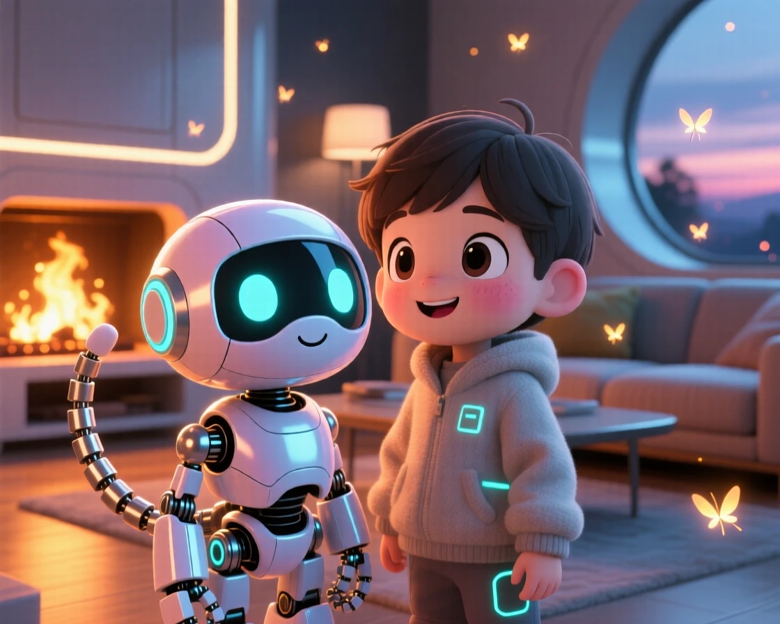 Close-up portrait: a friendly robot pet, wagging a mechanical tail beside a child, set against a cozy futuristic living room as fireflies begin to glow at dusk, with cozy firelight and a mood of proud determination.