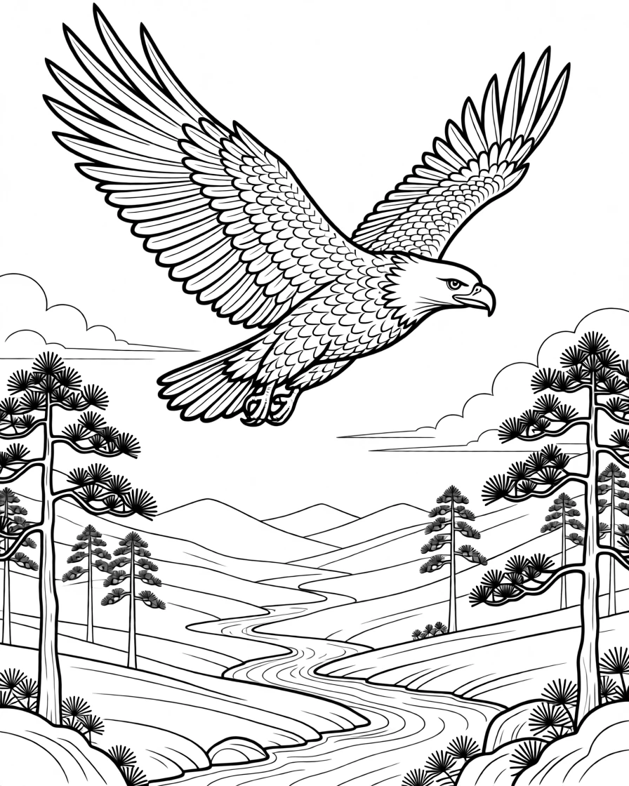 A bald eagle circling high above a misty valley, with scales that catch glints of light.
