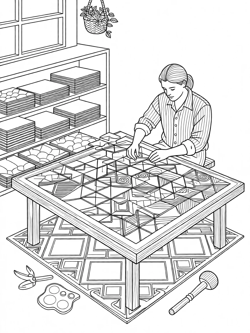 A tile mosaic artisan assembling a geometric pattern.