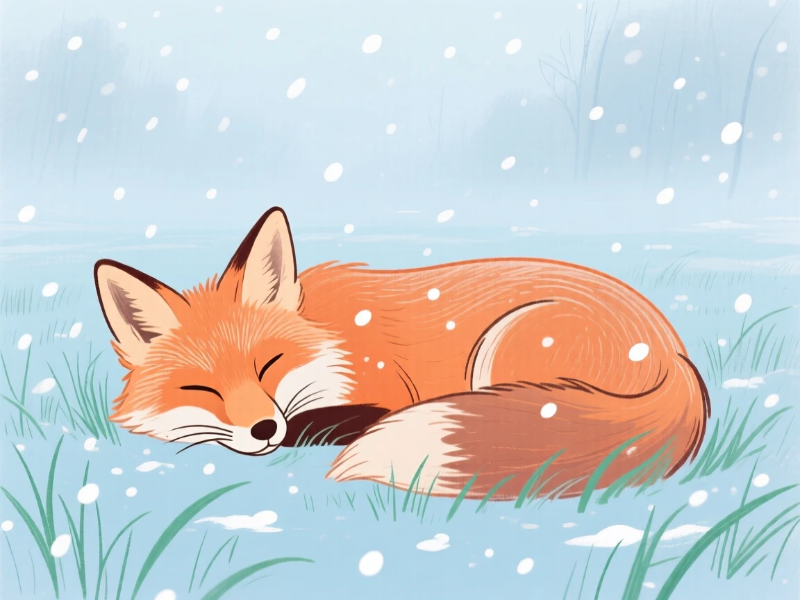 A curious fox napping in a misty morning field during a light snowfall.