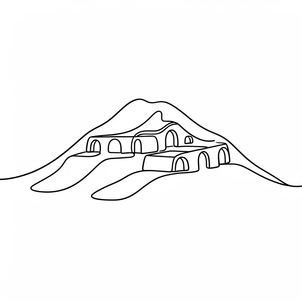 A cluster of white cave dwellings carved into a volcanic hillside