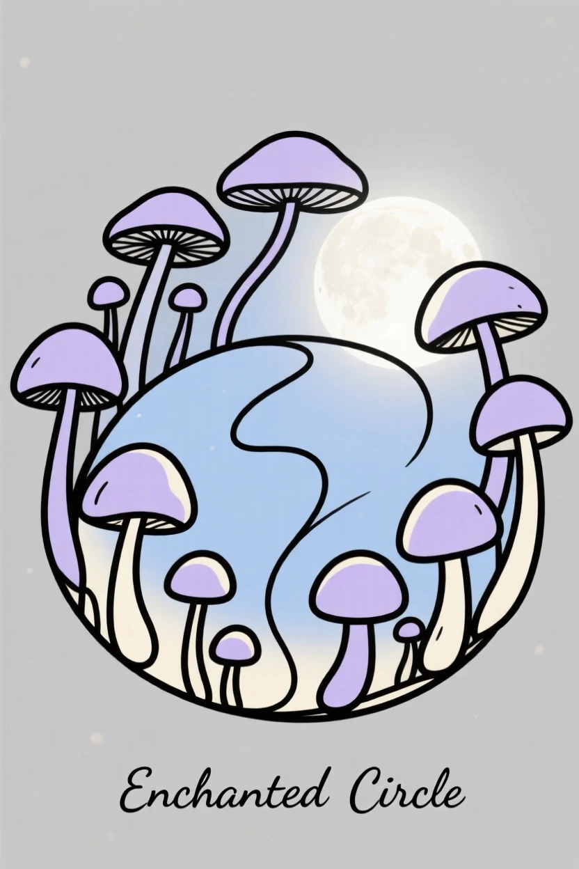 A fairy ring of mushrooms in moonlight