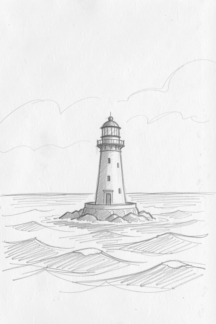 A lone lighthouse standing against a calm sea, in a moment of total tranquility, evoking deep calm and clarity.