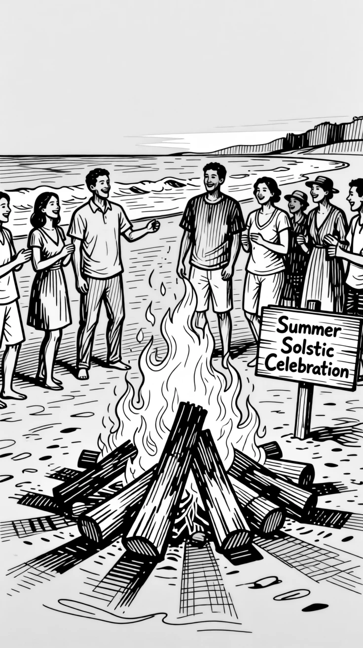 A festive summer solstice bonfire celebration on a beach at dusk.