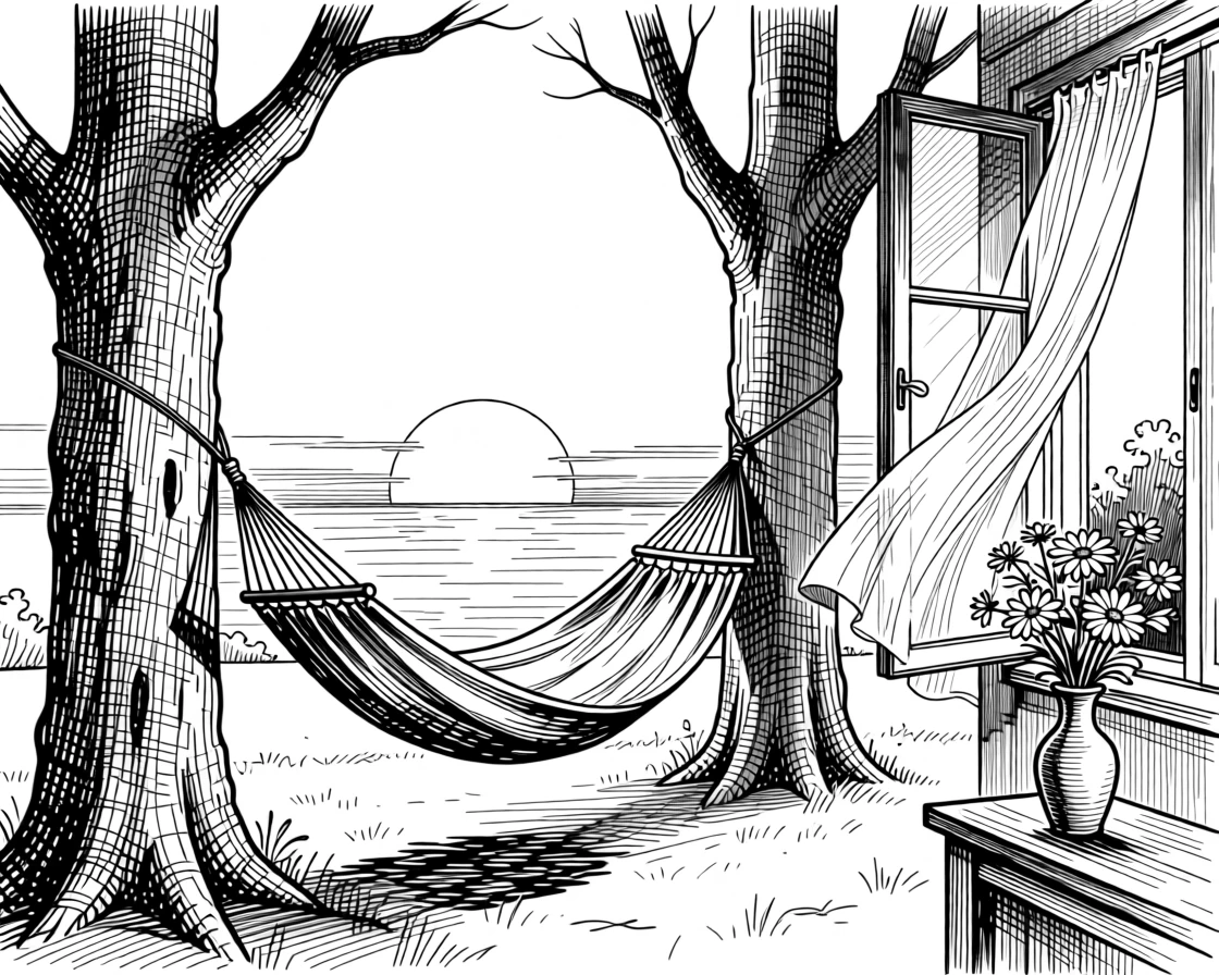 A hammock strung between two trees at sunset with a gentle breeze drifting through an open window, with a small vase of fresh flowers nearby, evoking a simply content sense of calm.