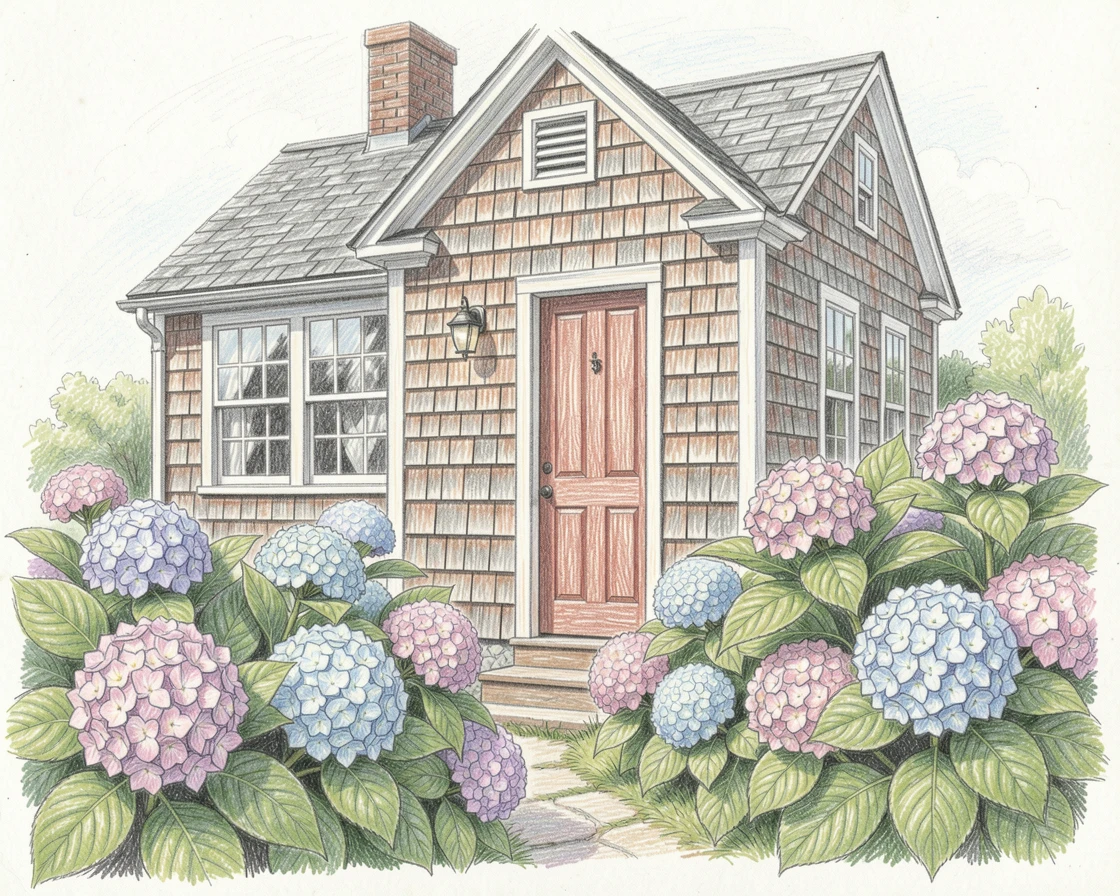 A Nantucket cottage with weathered shingles and hydrangeas, with delicate details that reward a closer look, designed to feel inviting, memorable, and shareable.