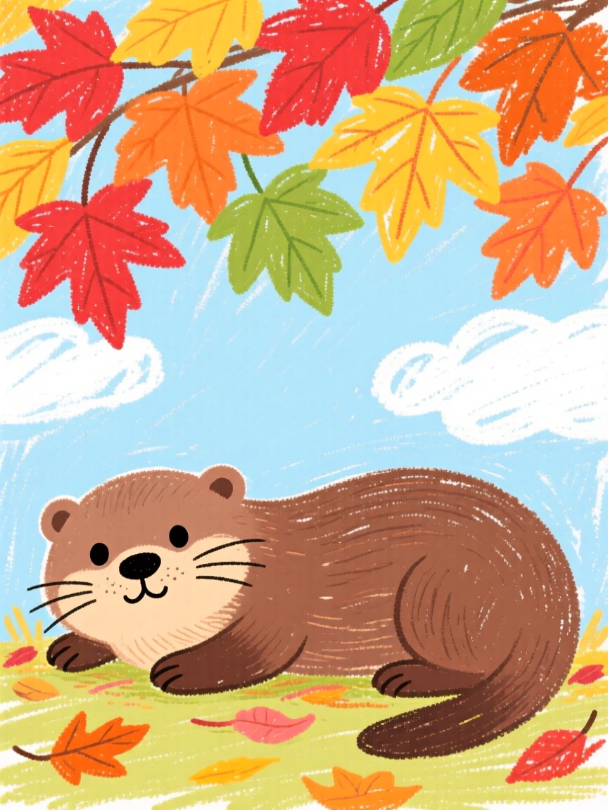A mother otter resting quietly beneath a canopy of autumn leaves.