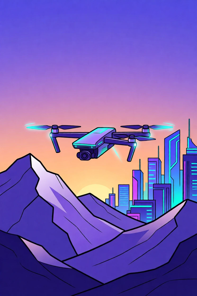 A drone hovering gracefully over a scenic mountain landscape, surrounded by a glowing futuristic cityscape, composed with clean lines and a modern minimalist balance, with a subtle sense of wonder about future possibilities.