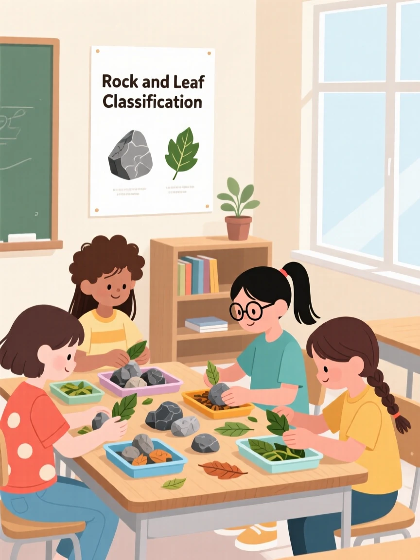A group of students sorting rocks and leaves in a bright classroom.