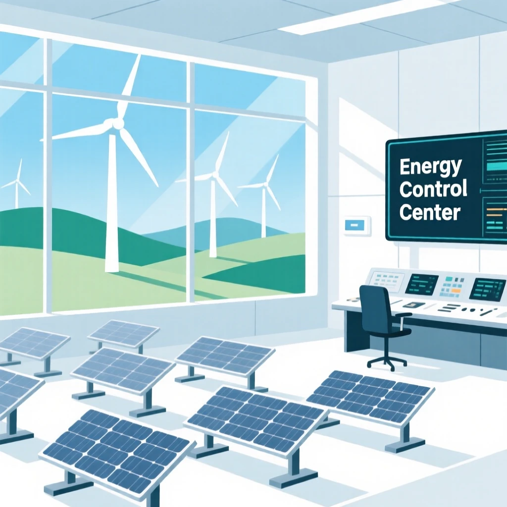 A sleek wind farm on rolling hills placed in a bright control room, surrounded by rows of solar cells, conveying futuristic optimism.