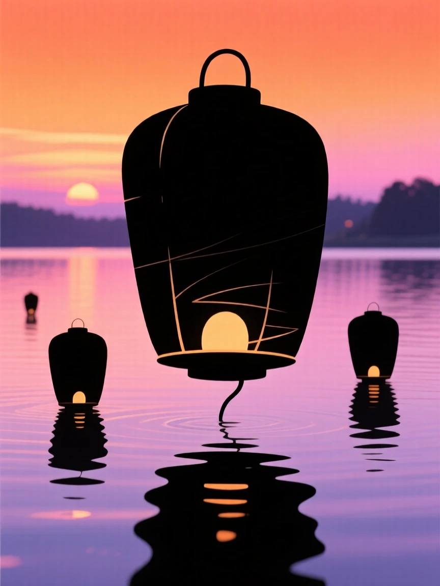 A summer evening filled with the soft glow of floating lanterns over a lake.