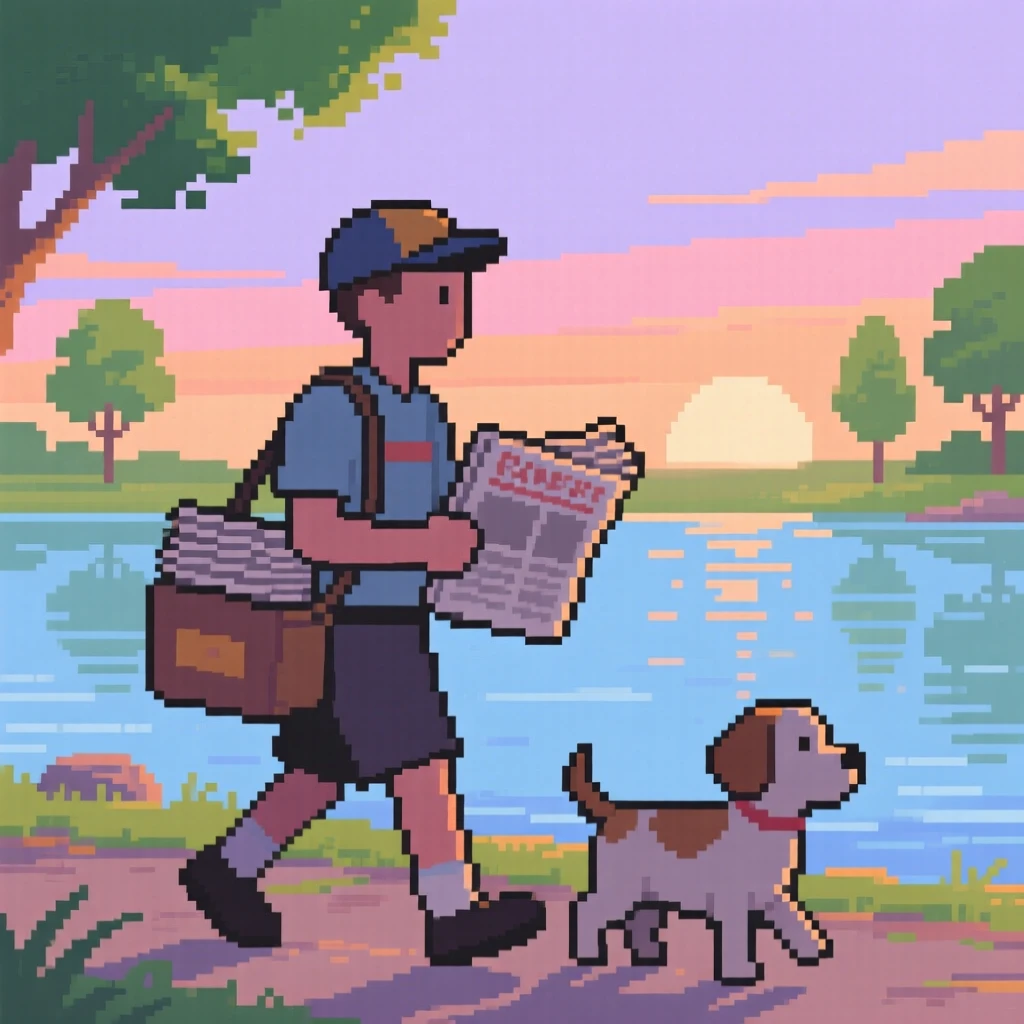 A paperboy delivering newspapers at dawn with an old dog trotting along beside them, beside a lake during summer vacation.