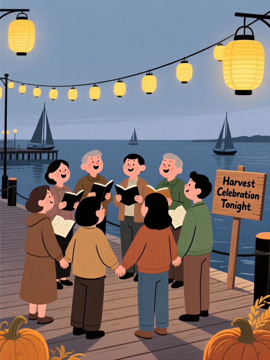 A community gathers in the harbor promenade for a harvest celebration, singing old songs beneath strings of glowing lanterns as evening falls.