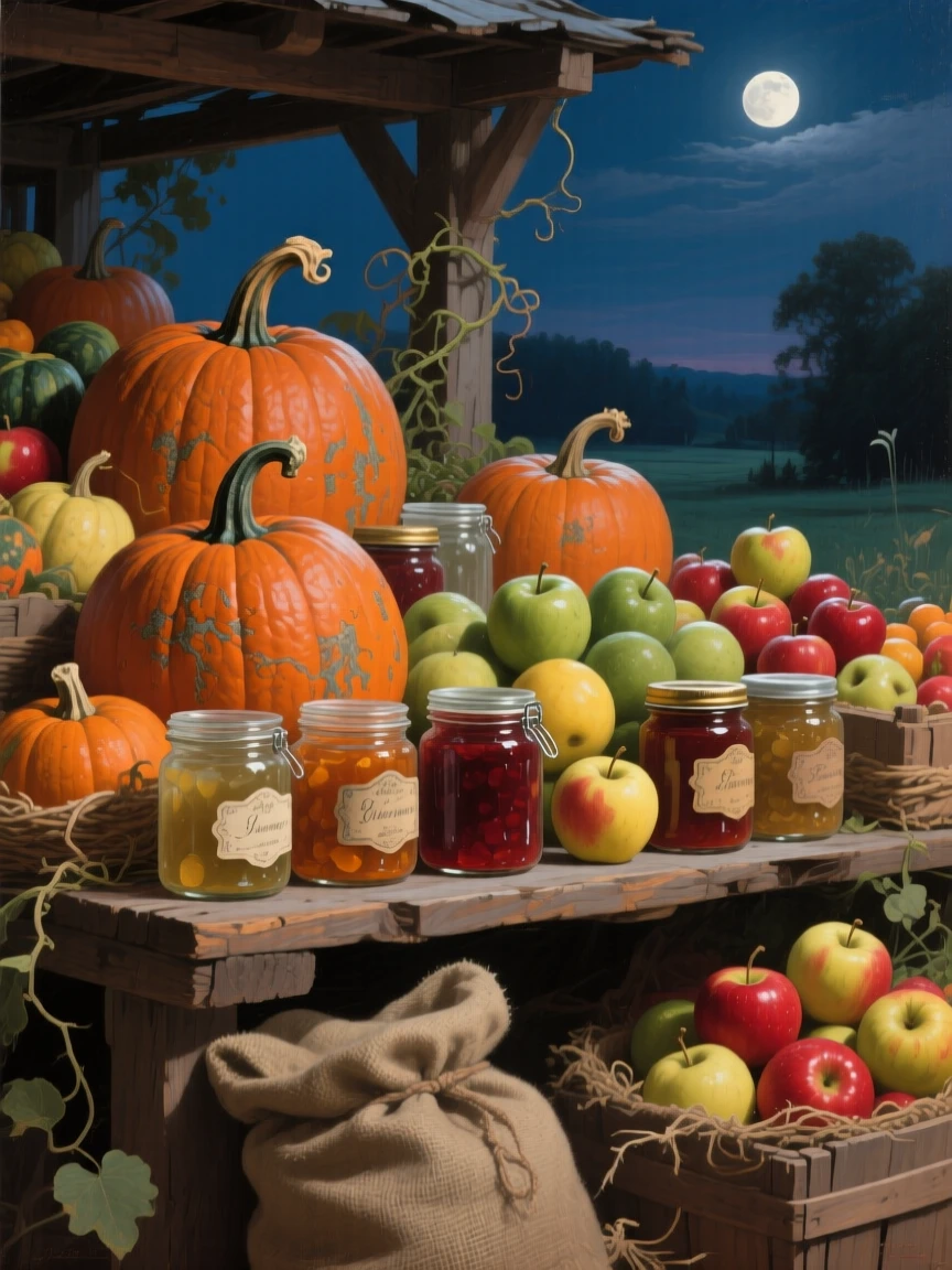 A detailed close shot of a farmstand piled with pumpkins, apples, and jars of preserves, in the height of summer, under the night sky.