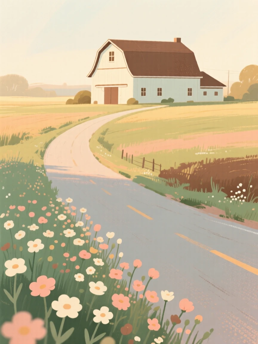 A country road bordered by wildflowers leading to a distant barn