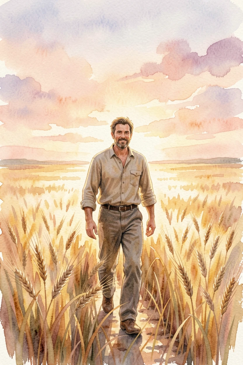 A farmer walking through a golden wheat field at sunset with a calm and contented expression.