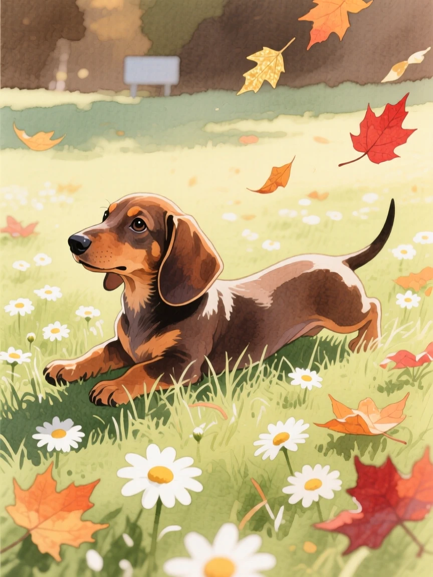 A dachshund puppy stretches in a patch of sunlight in a meadow full of daisies, as autumn leaves swirl around