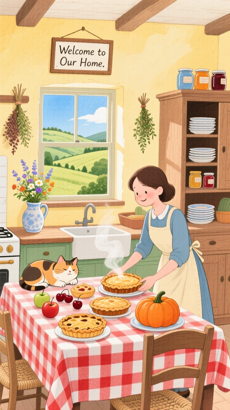A countryside farmhouse kitchen filled with fresh pies, bustling gently with everyday village life.