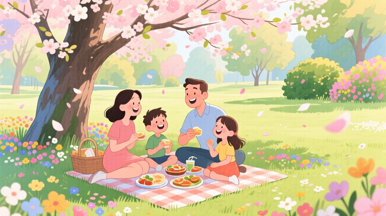 A family of four having a picnic under a blossoming tree, in a park bursting with spring blooms, with flower petals drifting through the air, simple togetherness and gratitude.