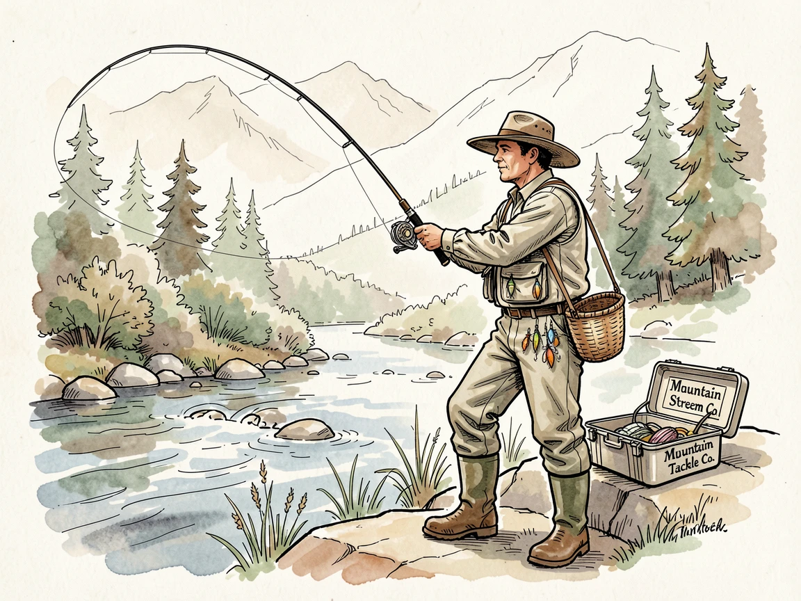 A fisherman fly-casting across a quiet mountain stream, the setting filled with the tools and textures of the craft.