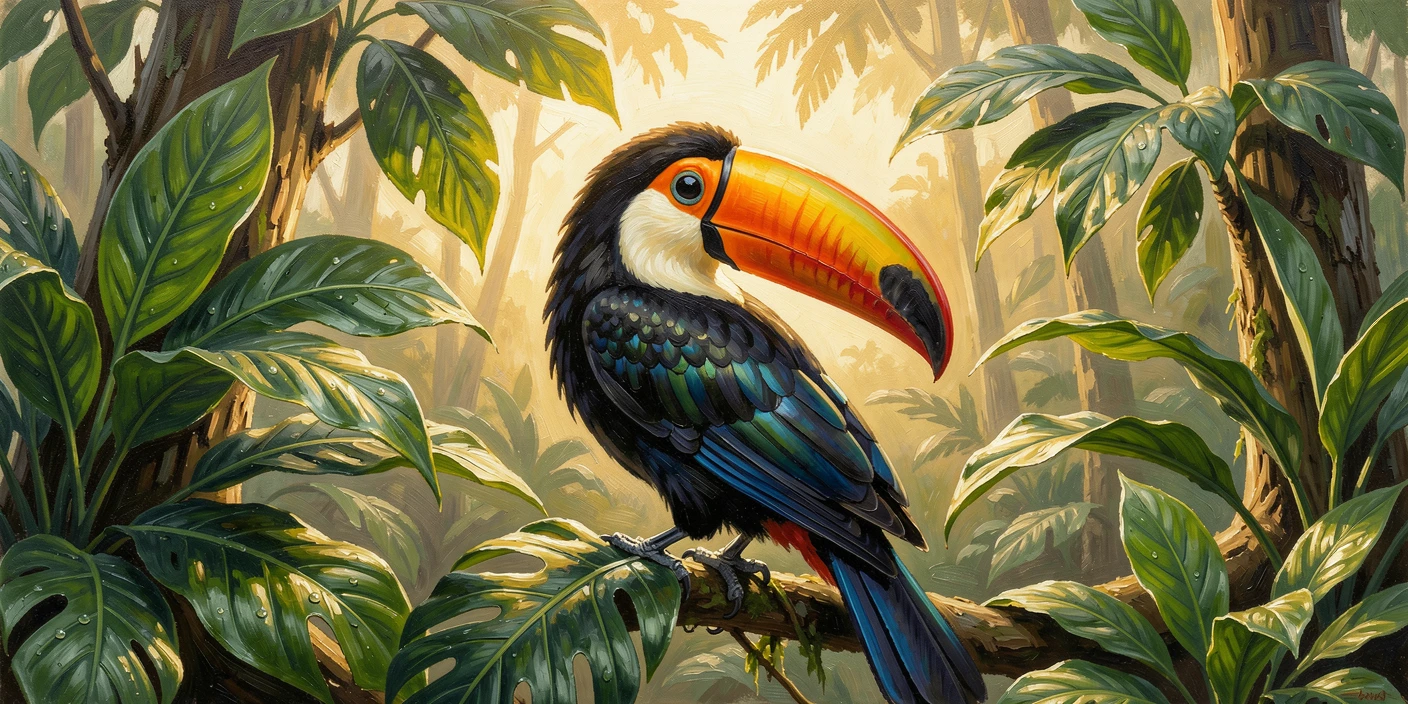 At sunrise, feathers catching the first golden light, a colorful toucan perched among tropical leaves, amid a lush tropical rainforest canopy, it preening its feathers in the soft light.